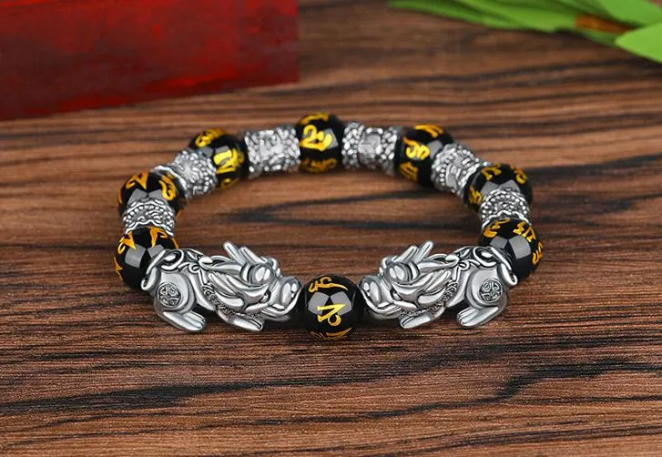 Imitation of Natural Obsidian Pure Silver Pi Xiu Armband Retro Thai Sex Ord Buddha Bead Hand String Smycken Wealth Armband