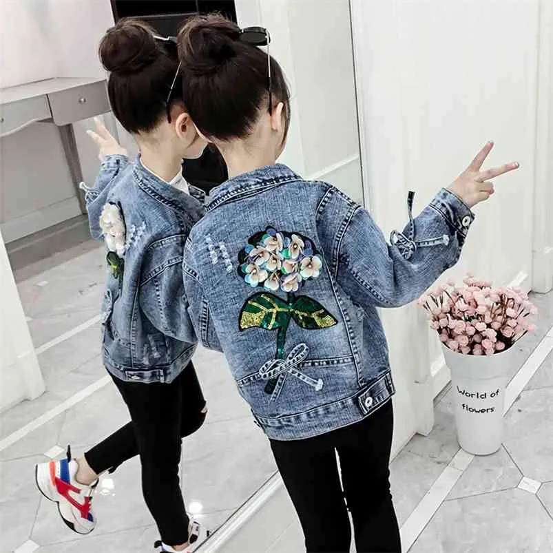 Fashion Kids Coat Spring Autumn Baby Jackets Jeans Outerwear Tops Sequins Flower Teenage Clothes 4 8 12 13Years 210622