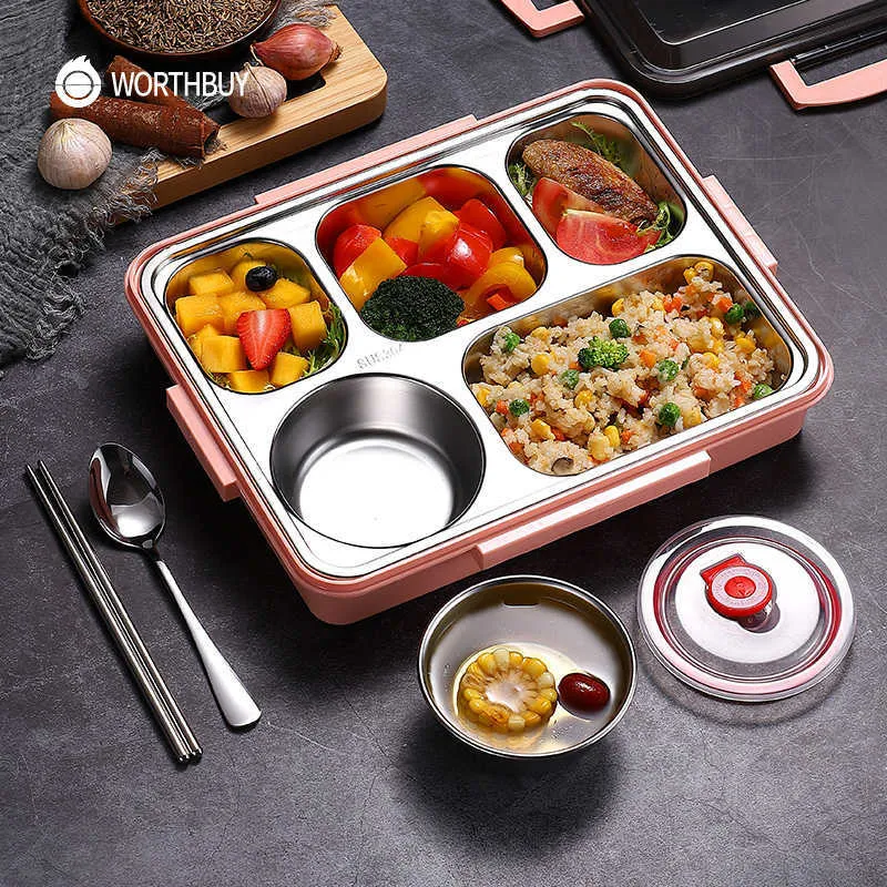 WorthBuy Japanese Lunch Box dla dzieci 18/8 Stal nierdzewna Bento Box z przedziałami Stołowe Kuchnia Przechowywanie żywności Pojemnik 210925