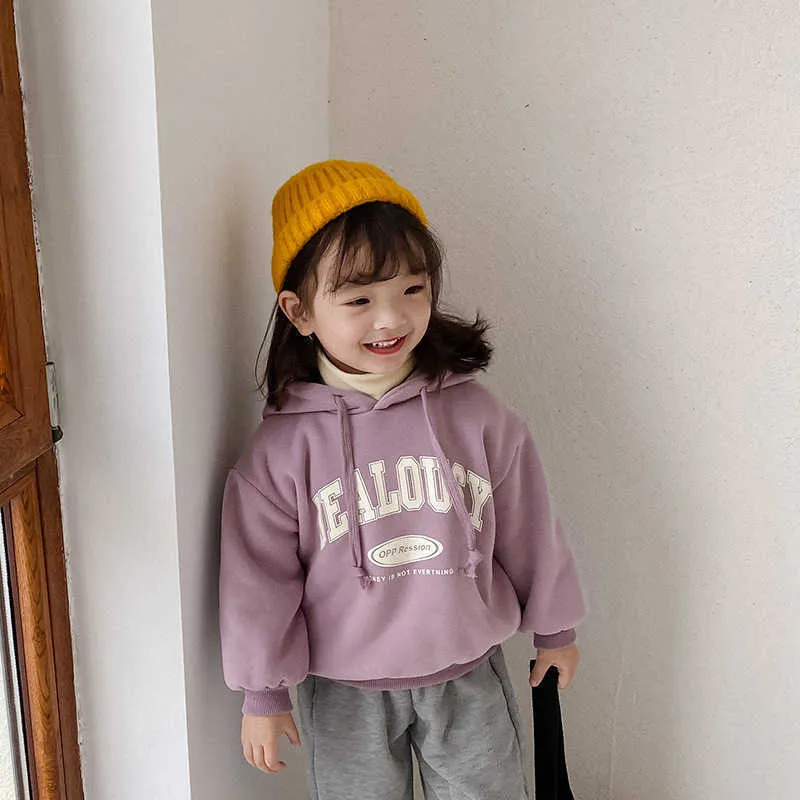 Winter Girls Boys Letter Thick Hoodies Korean style Baby Child Warm Long Sleeve Tops Toddler Kids Fashion Sweatshirts 210615