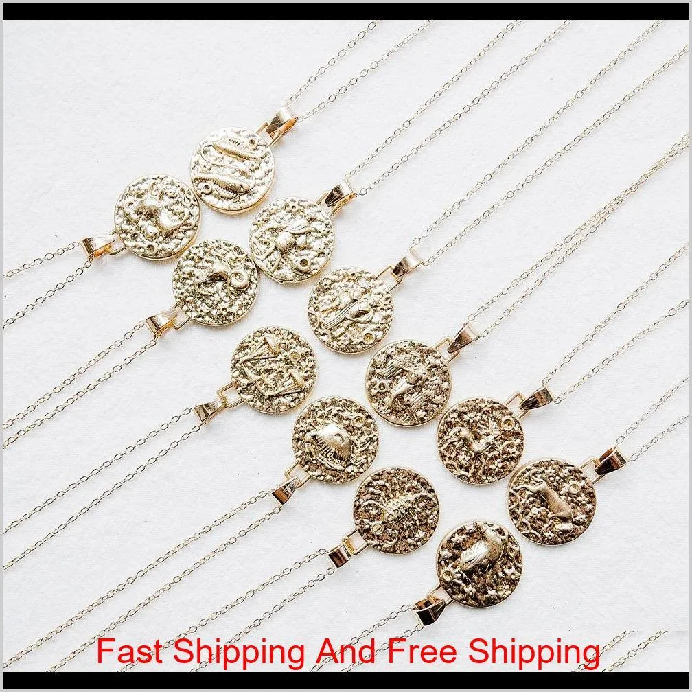 gold chain hammered metal emboss 12 zodiac horoscope astrology pendant necklace retro fashion neck jewelry minimalist round charm