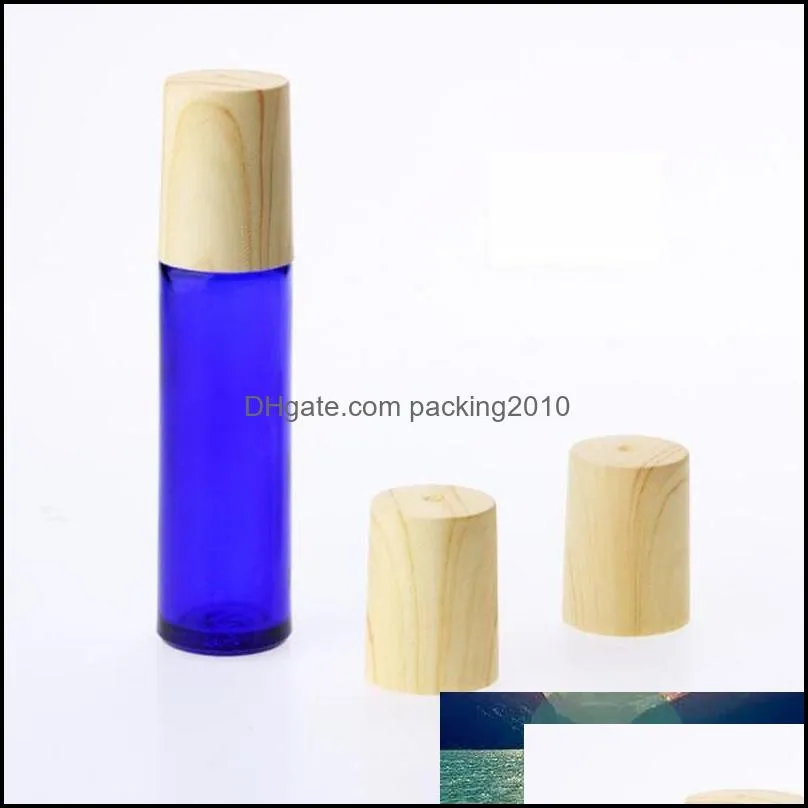 10ml Frosted Clear Blue Amber Glass Roll on Bottles Roller Ball Glass Bottle With Wood Grain Cap For  Oil Perfume