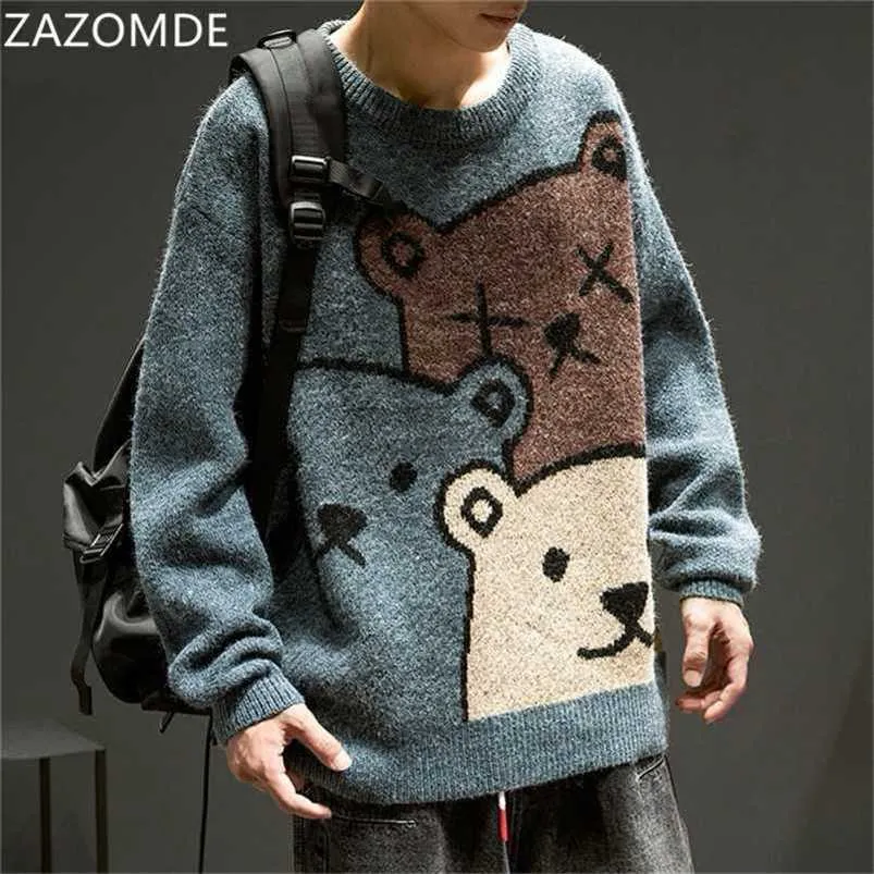 ZAZOMDE Cartoon Bear Sweater Hommes Hiver Hommes Vêtements Mode À Manches Longues Pull Pull Pull Surdimensionné Manteau De Coton 211112