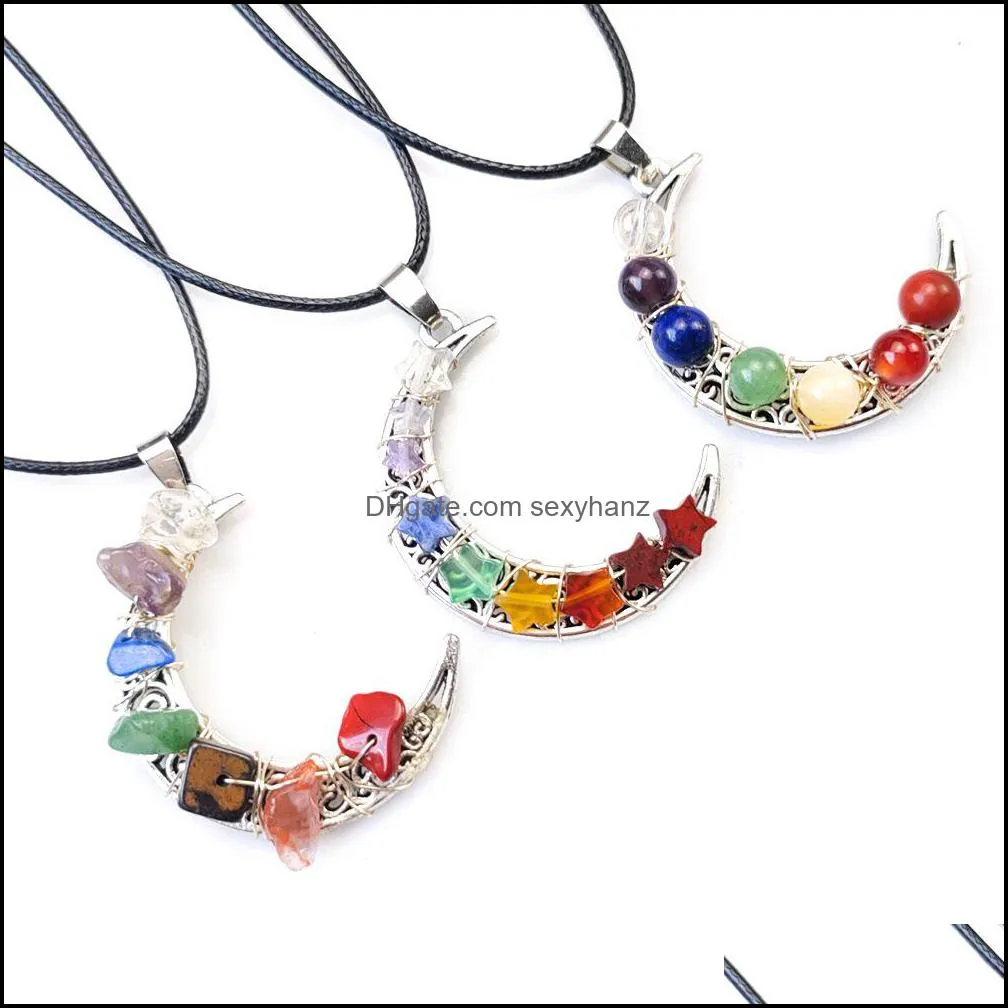 Reiki Healing Cystal Seven Chakra Beads Energy Pendant Retro Moon Charms Necklaces Pendulum Amulet Orgonite Jewelry