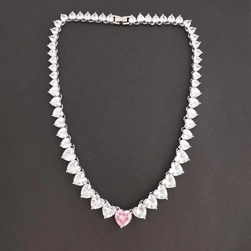 Chokers Qmhje Crystal Pink Stone Heart Miłość Naszyjnik Choker Kobiety Zaręczyny Ślubne Złoty Silver Color Tenis Infinity Luksusowy Jewlery