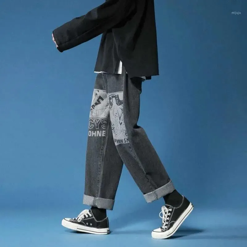 Männer Jeans Cartoon gedruckt 2021 Frühlings-Ins-Trend-elastische Taille koreanische Hose beiläufige lose breit-beinhosen Herbst schwarz