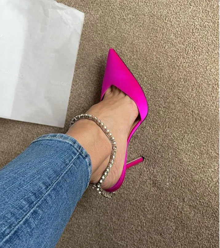 Luxury Ladies Hot Pink Dress Shoes Pumps Womens High Heels Crystals Ankle  Strap Pointed Toe Saeda 100mm Crystal Embellished Satin Pumps Elegant  Wedding From Luxuryfoot_888, $62.53