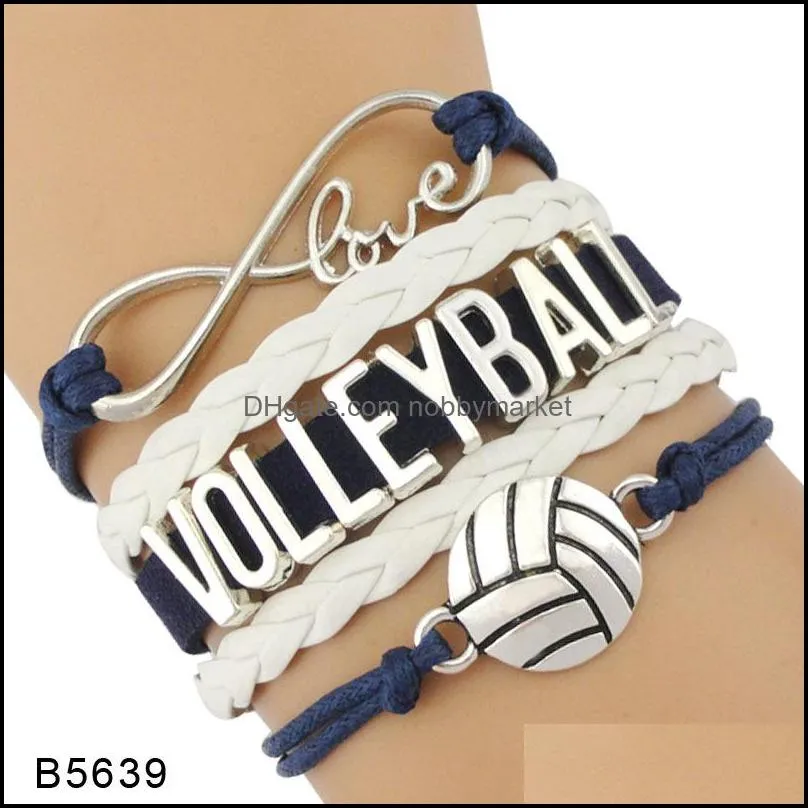 New volleyball shape charm Sport bracelets For Women Men Love Infinity handmade Braided leather rope Wrap Bangle Fashion Jewelry