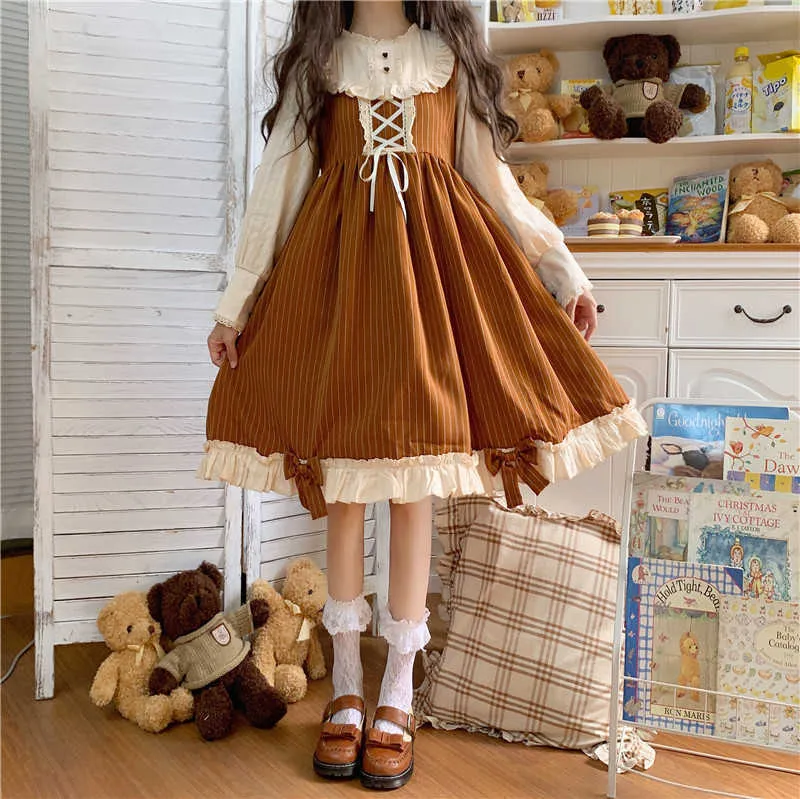 Kawaii Japanese Lolita Cosplay ranch dress n with Splicing, Full Sleeves, and Ruffles - Soft and Sweet Brown Stripe for Autumn - 210623