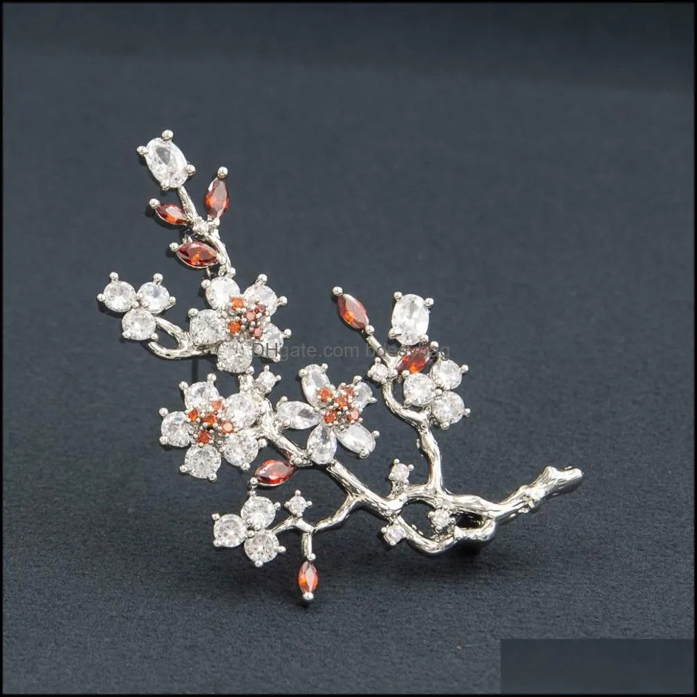 Elegant plum blossom flower cubic zirconia brooches pin lady scarf buckle wedding jewelry accessory for women