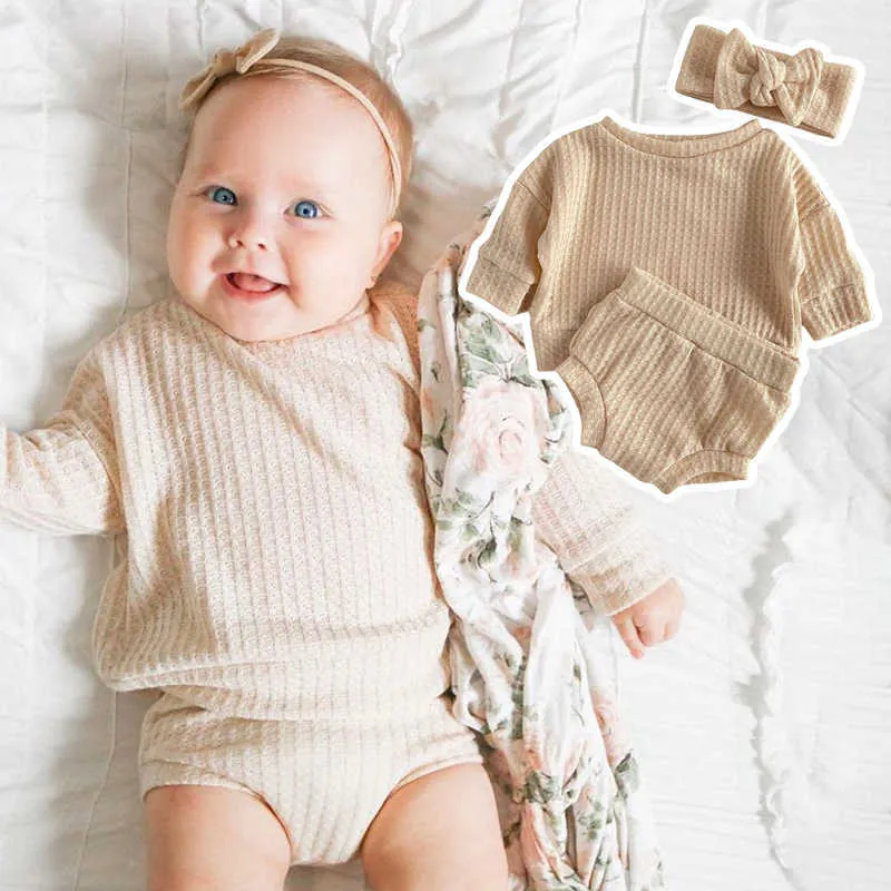 Neutral Baby Autumn Waffle Outfit Set Baby Girl Boys Sweater Bloomers Toddler Newborn Top Shorts 2pc Spring Winter Home Baby Set G1023
