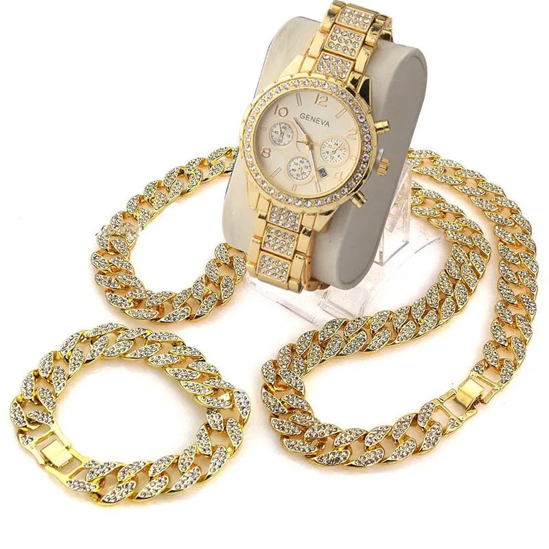 Brincos Colar 3 PCs / Conjunto Blingbling Hip Hop Shining Stones Watch 18 "Iced Out Cuban Stone Chain Bracelet