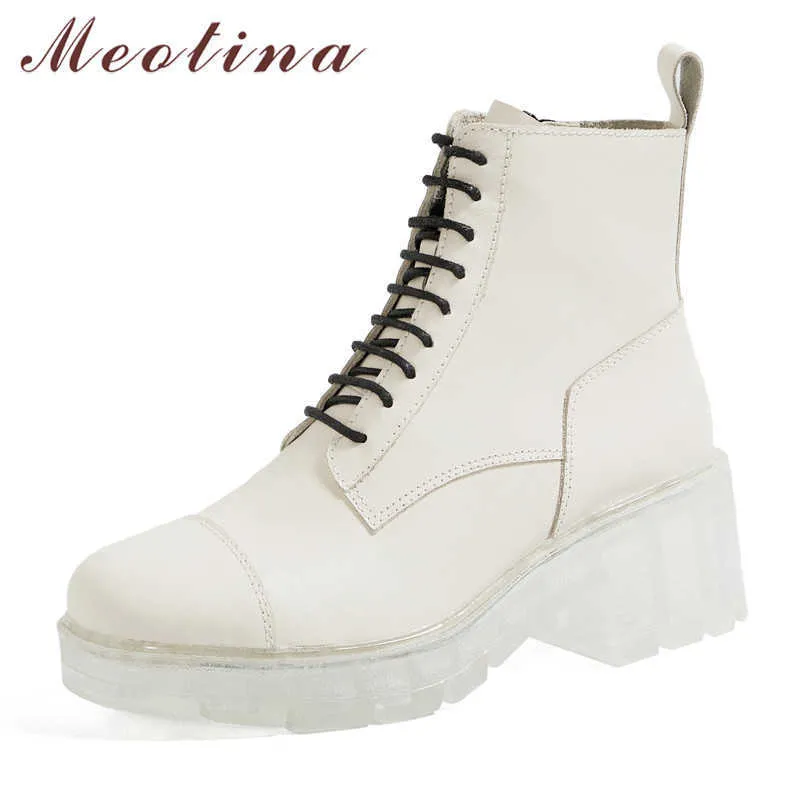 Meotina Short Boots Women Shoes Real Leather Platform Zip Ankle Boots Crystal Thick Heels Lace Up High Heel Boots Winter White 210608