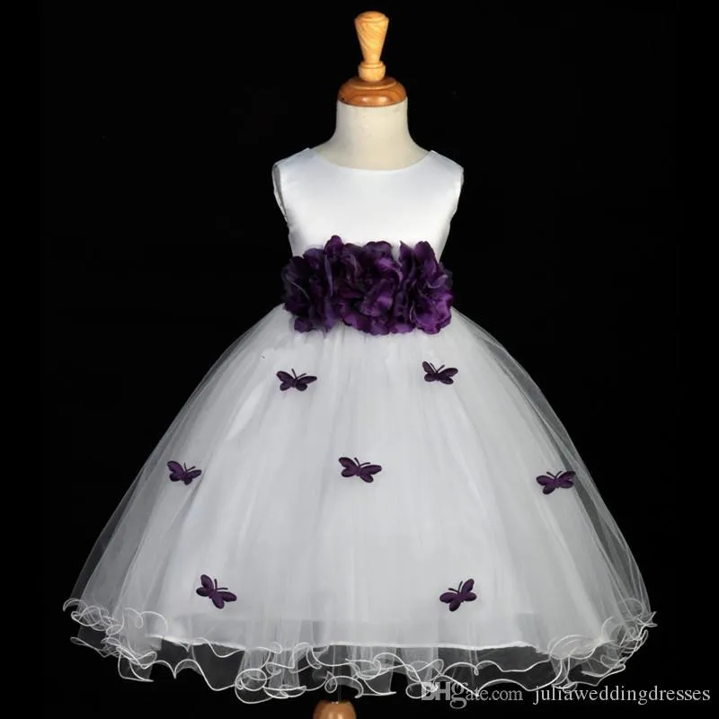 Prinsessan Scoop Appliques Flowers Ball Gown Flower Girl Dresses With Bow Tulle Girls Pagant First Communion BF08