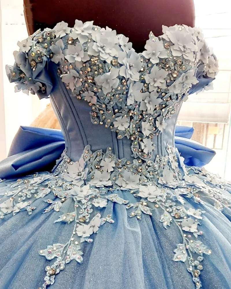 Dusty Blue Lace Appliqued Off-Shoulder Ball Gown Quinceanera Dress with Beaded Prom Glee, Sweep Train, and Tulle Skirt - Perfect for Sweet 15 and