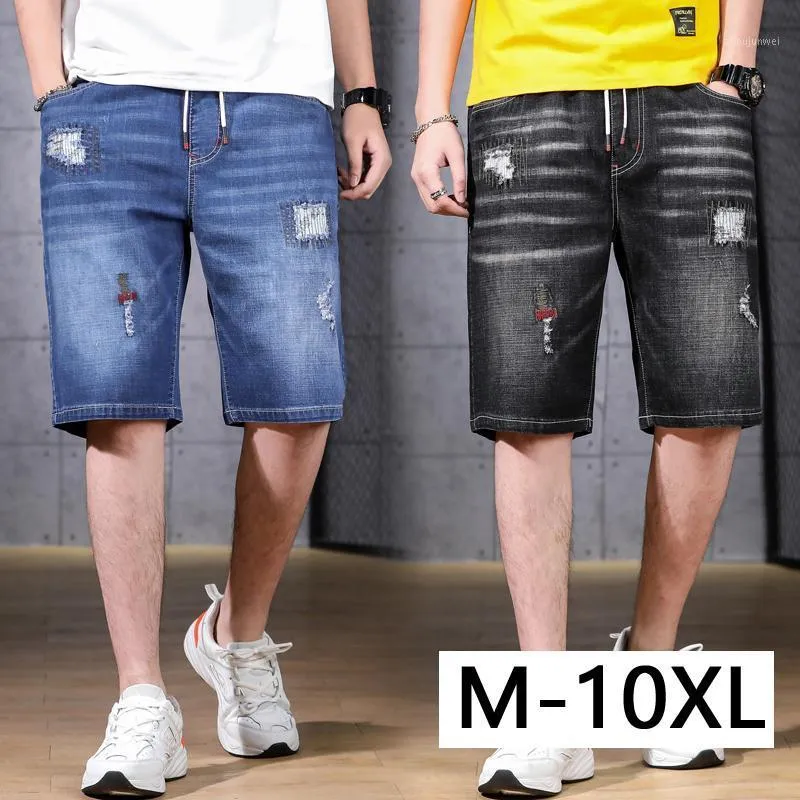 Mäns jeans 9xl 10xl stor storlek denim shorts blå svart tunn sektion casual lös stor dragsko med elastisk midjeband