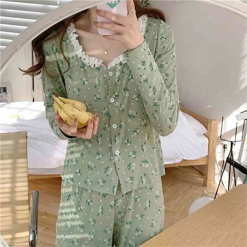 Z długim rękawem Sleepwear Floral Vintage Drukowane Kobiety Home Chic Wygodne Bawełna Moda Piżamy Garnitury Zestawy 210525