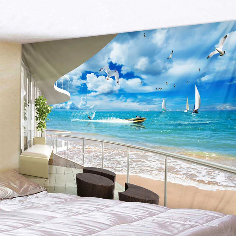 Vue sur la mer depuis le balcon tapisserie psychédélique Boho Mandala tenture murale bleu royal hippie tapisserie murale décor à la maison menthe tapis de yoga 210609