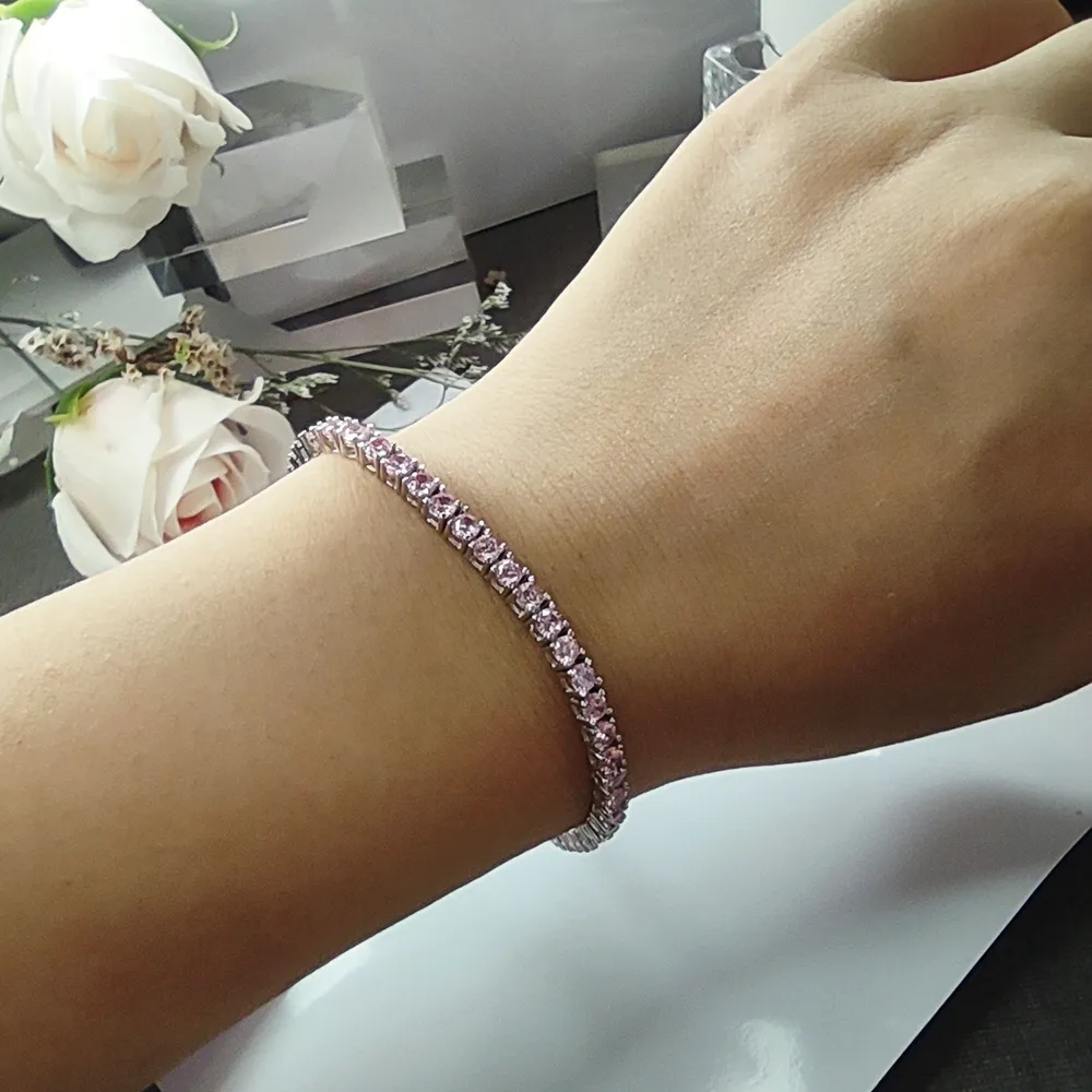 Real Solid 925 Silver Metal 1521 cm Tennis Bracelet Pave Full 3 mm Round Pink Zircon Fine Jewelry For Women4833428