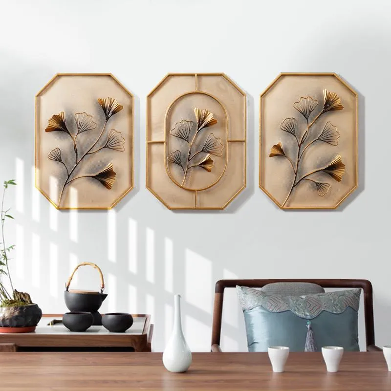 Autocollants muraux chinois suspendus feuille de Ginkgo, artisanat en métal, décoration de maison, salon, fond de canapé 3D, ornement Mural