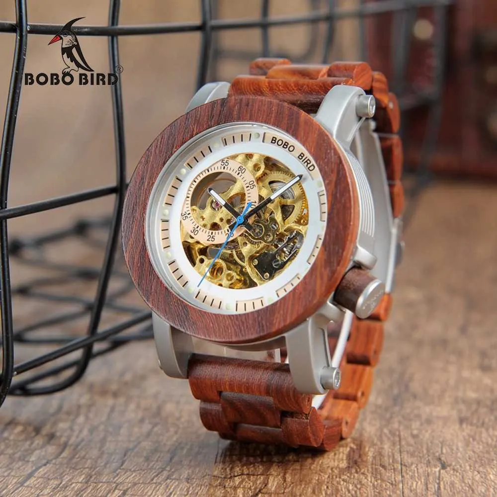 Relogio Masculino Bobo Bobo Bird Watch Män Automatiska Mekaniska Klockor Trä Vintage Stor Storlek Mäns Present Armbandsur Reloj Hombre Q0902