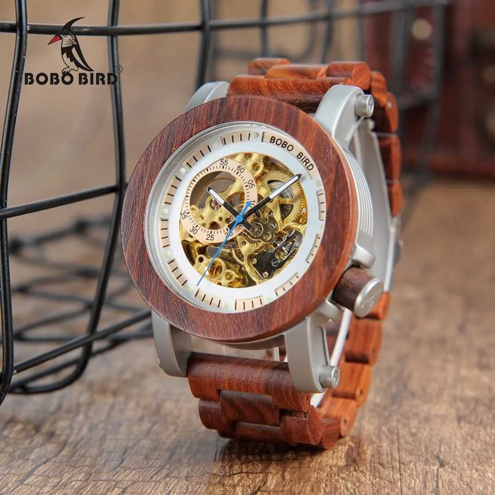 relogio masculino BOBO BIRD Orologio da uomo Orologi meccanici automatici Legno Orologio da polso regalo da uomo vintage di grandi dimensioni reloj hombre Q0902