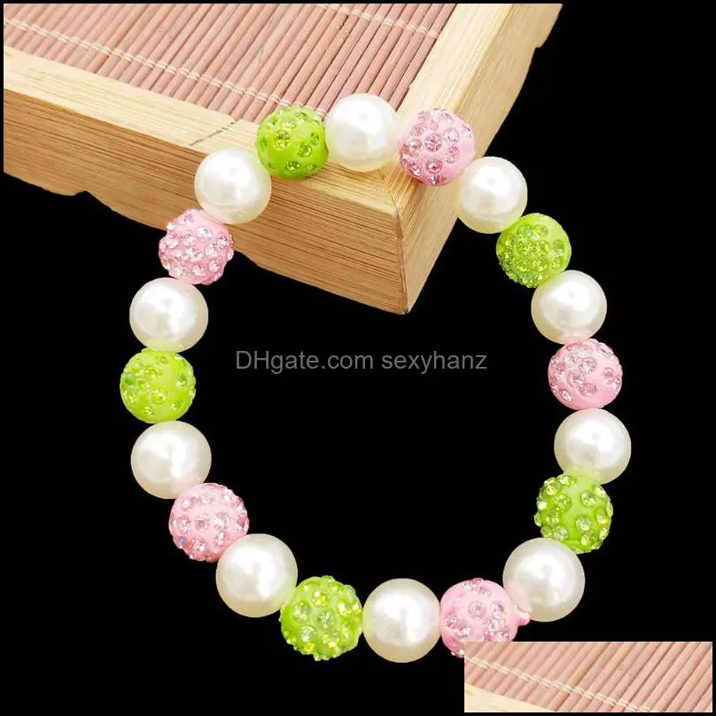 Beaded, Strands Handmade Greek Sorority Elastic Line White Pear Green Pink Disco Ball Charm Women Bracelet Jewelry