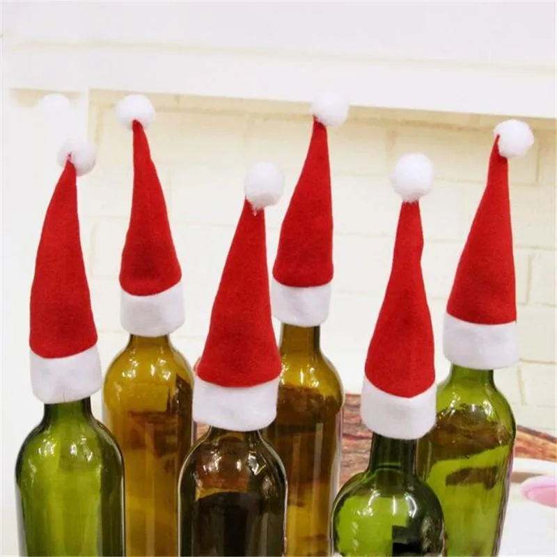 Noel Süslemeleri 10 adet / paket Merry Mini Dekorasyon Şarap Şişesi Kapak Parti Dekor Kırmızı Sevimli Küçük Eşarp Şapka Yıl Malzemeleri