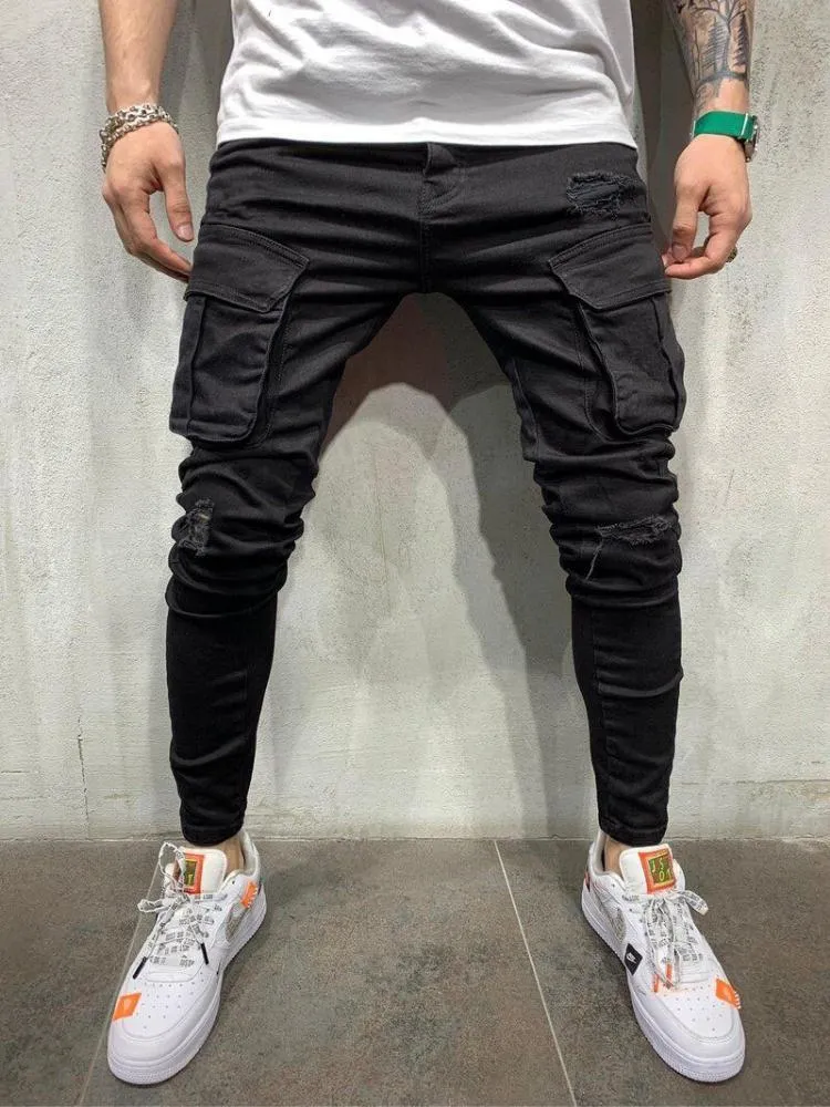 Men's Jeans Men Ripped Skinny Multi-Pocket Slim Pencil Pants 2021 Spring Black Male Overalls Street Hip-Hop Moto & Bike Clothing