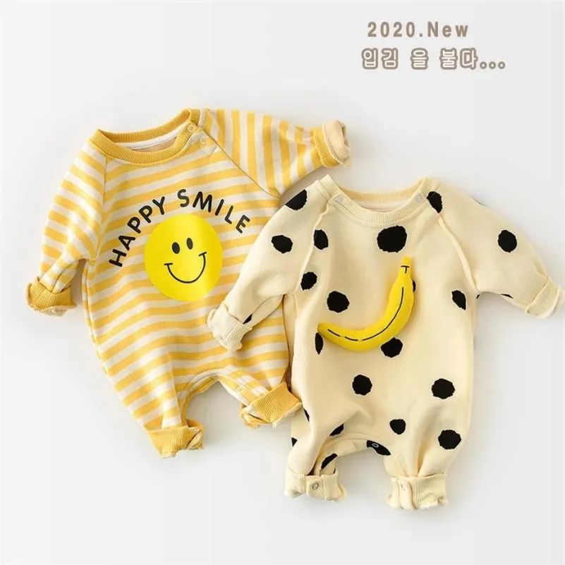 Höst Baby Romper Baby Dot Banana Print Tjocken Långärmad Toddler Jumpsuit Kids Boys and Girls Clothes 210312