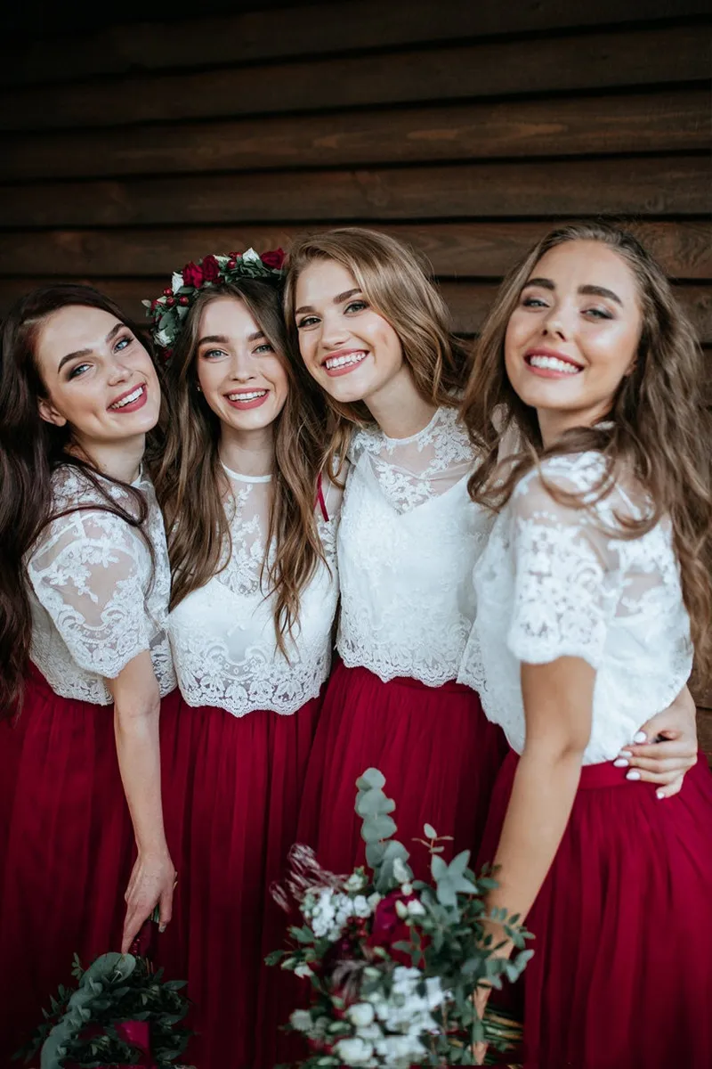 Borgonha damas de honra se separa a saia de tule de cachoeira e Belle Lace Dois Picec Plus Tamanhos Long Prom Noite Vestidos