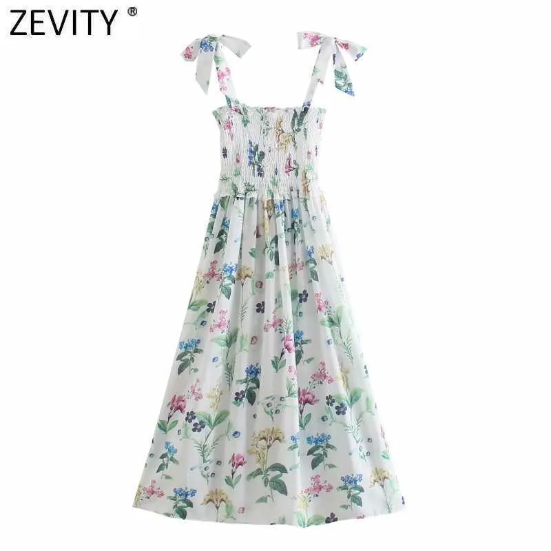 Zeefity Dames Mode Floral Print Elastische Geplooide Sling Jurk Vrouwelijke Boogdas Strap Vestido Chic Casual Summer Jurken DS8305 210603