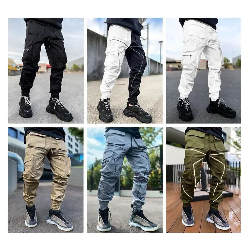 Men's Reflective Night Running Sport Pants Side Pockets Cargo Harem Pant Joggers Trousers Fashion Casual newest