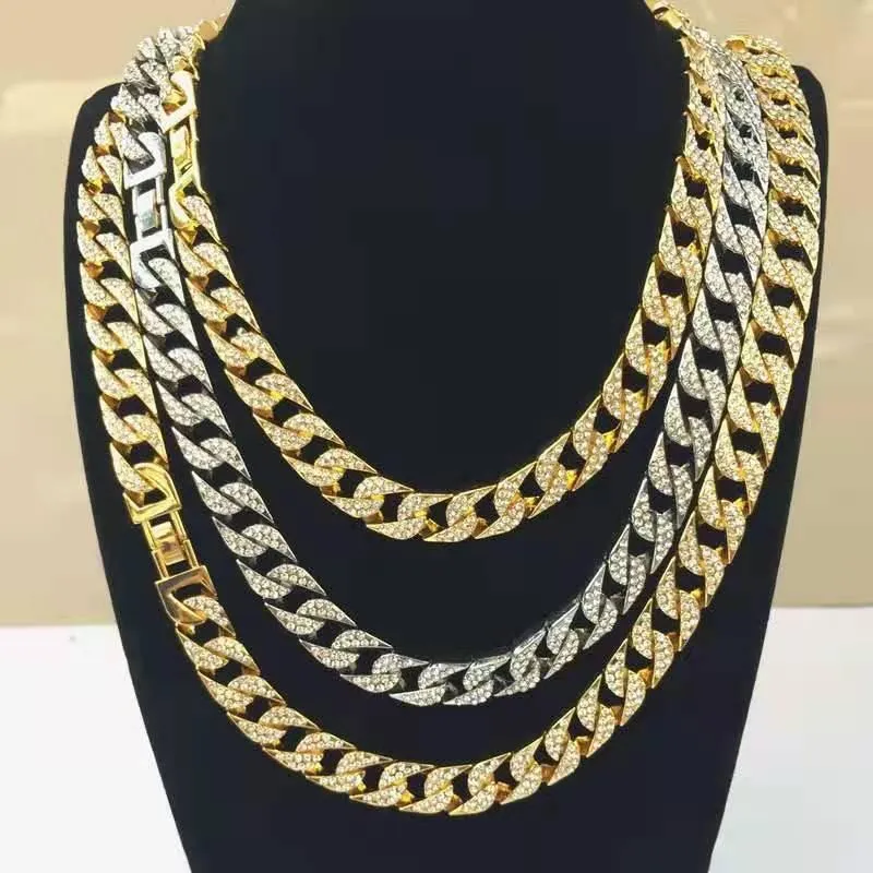 Цепи рэпер хип-хоп замороженные вымощенные горный хрусталь 15 мм Miami Curb Cuban Link Chain Gold Щиверные ожерелья для мужчин женские ювелирные изделия Choker