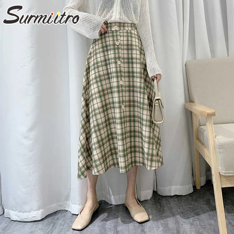 Surmiitro super kwaliteit lente zomer lange rok vrouwen Koreaanse stijl elegante groene plaid hoge taille office midi rok vrouw 210712