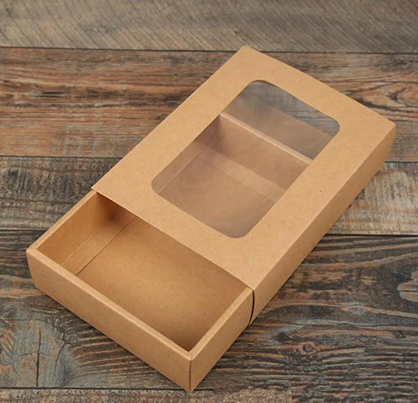 18.5 * 14 * 4.5cm Kraftpapier Geschenkdozen Kraft Verpakkingsdoos met venster Kraftpapier Sokken Box Handgemaakte Lade Geschenkdozen