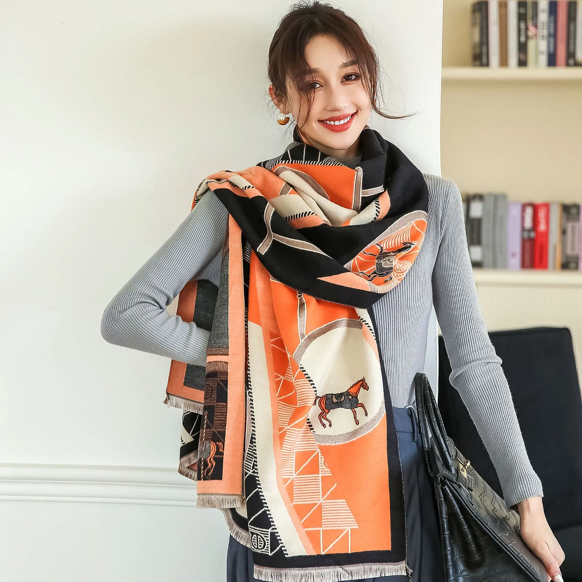 Women Winter Cashmere Dark Foulard Lady Horse Scarves Sway Soft Bufanda Shawls Wraps6885590