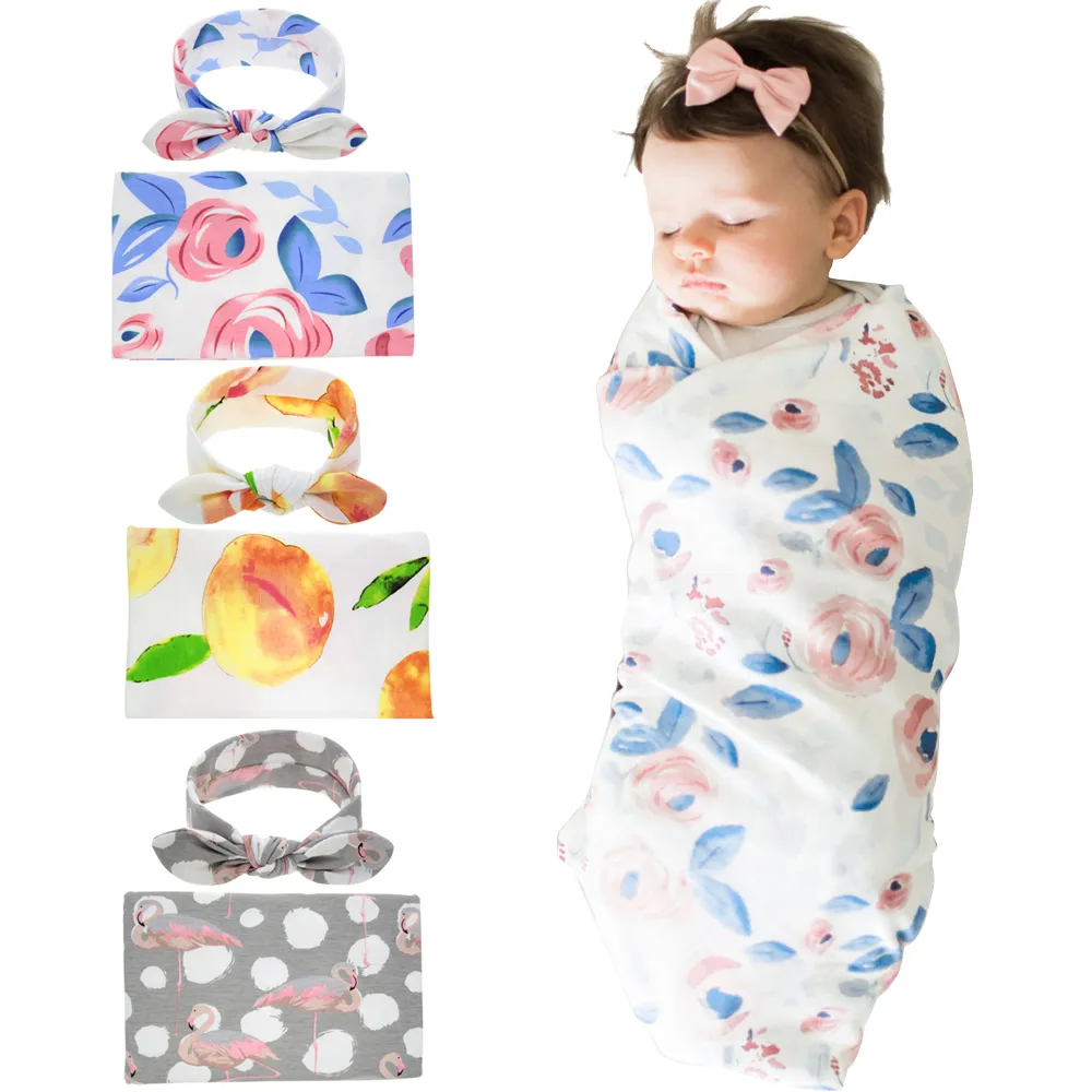 Newborn Baby Prewdling Одеяла с зайчиком ушной повязки повязки младенческие цветочные равнины Wrap одеяло для волос набор для волос детская хлопковая упаковочная ткань BHB18