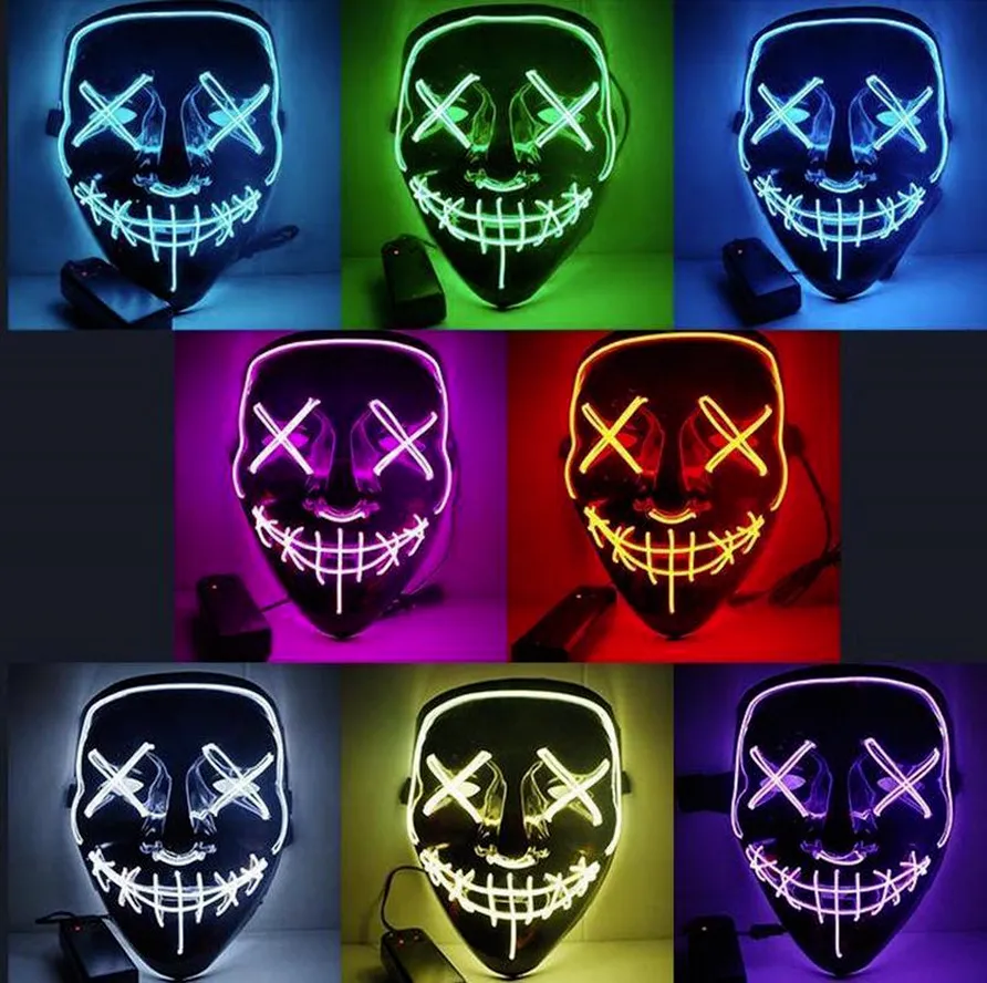 US STOCK Halloween Horror mask LED Glowing masks Purge Masks Election Costume DJ Party Light Up Masks Glow In Dark 10 Colors DHL