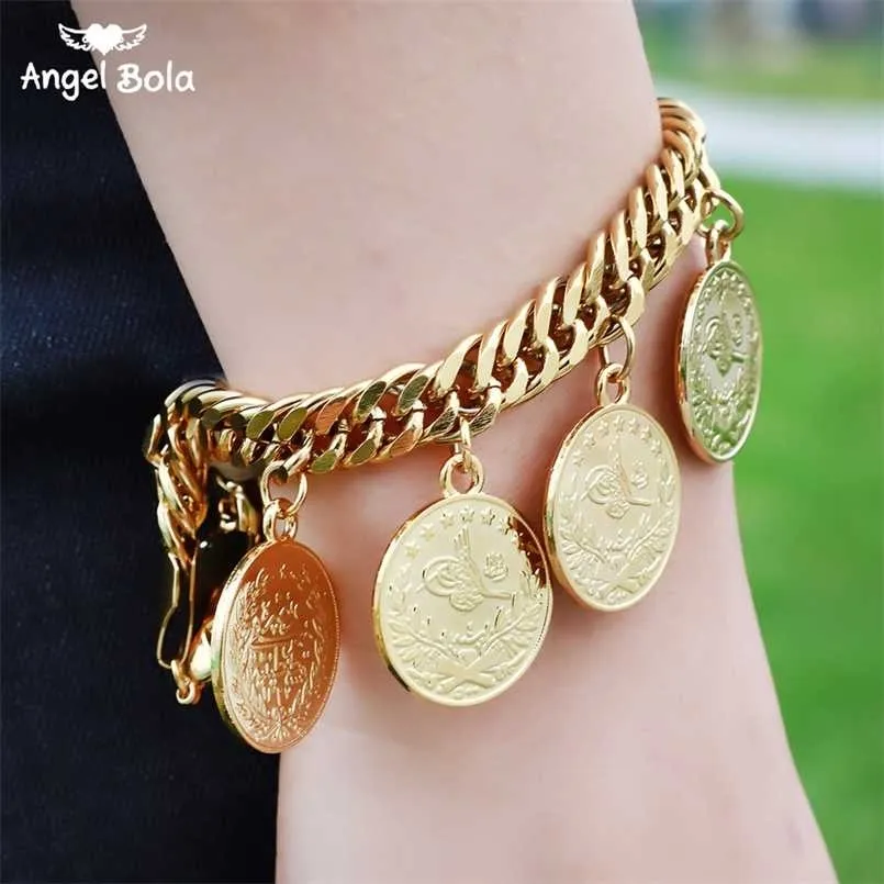 Length19CM / 21CM Turquie Coin Bracelet pour femmes Or Couleur Turcs Simgesi Osmanli Turasi Musulman Islam Bracelet Arabe Bijoux 220121