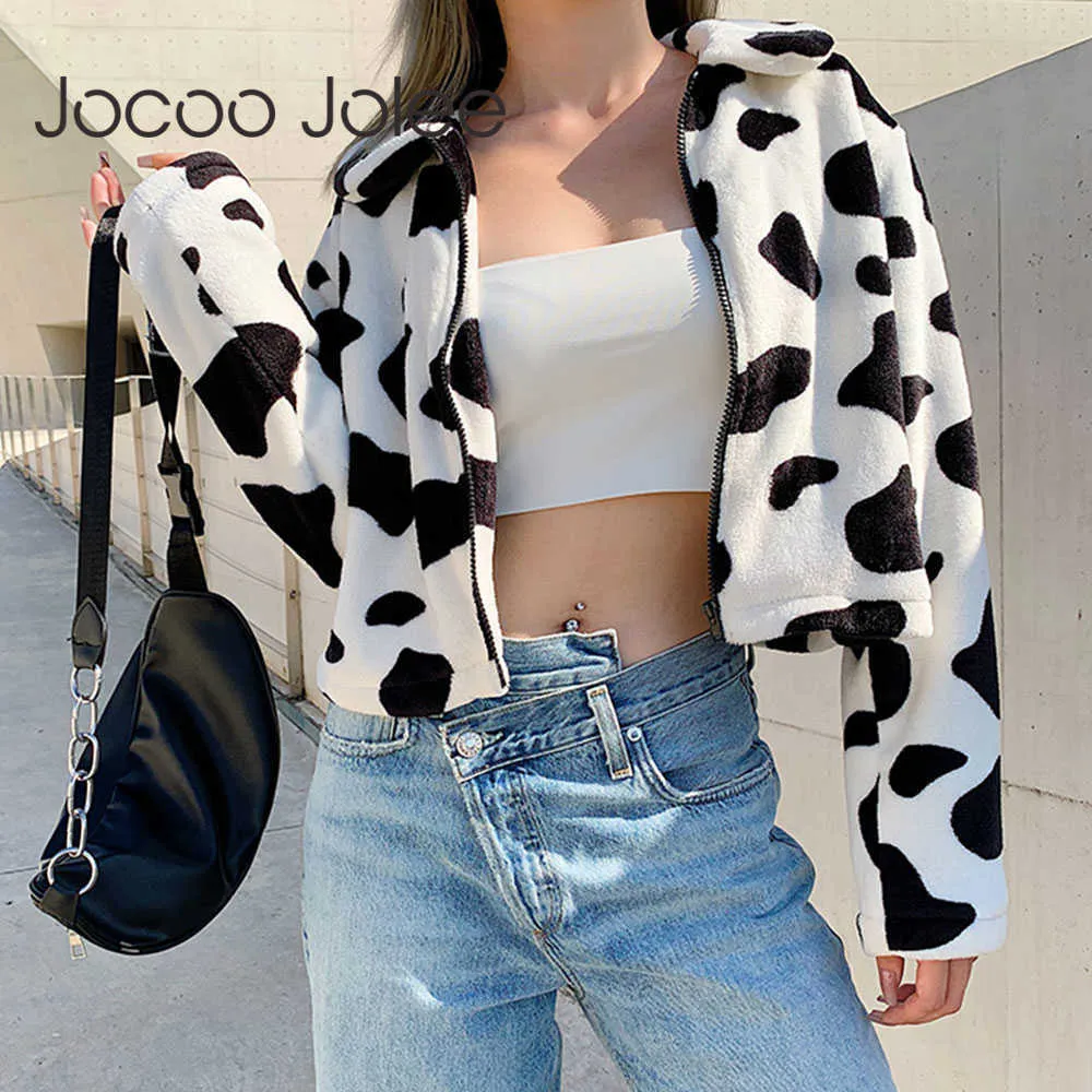 Jocoo Jolee Elegant Cow Print Teddy Coat Jacked Autumn Winter Faux Fur Jacket Vrouw bijgesneden Harajuku jas Fashion Outsars 210619