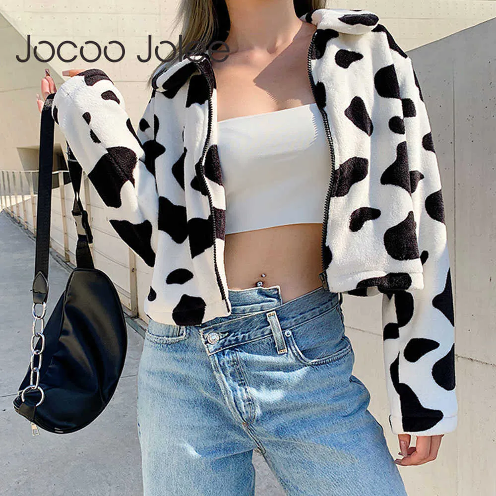 Jocoo Jolee Elegante Kuh Druck Teddy Mantel Jacke Herbst Winter Faux Pelz Jacke Weibliche Abgeschnitten Harajuku Mantel Mode Outwear 210619