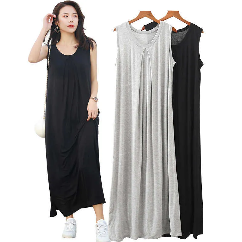 Summer Maxi Dresses Women Ankle-length Sleeveless Modal Long Gown Casual Black Gray Cotton Home Dress Clothes for Lady 210625