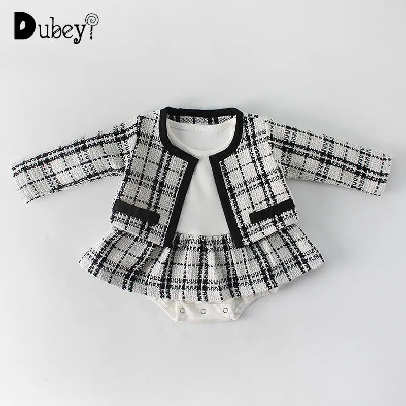 Ensembles de vêtements Designer Marque Filles Barboteuse Avec Manteau Bébé Fille Vêtements Ensemble Plaid Enfants Tenues Infant Outfit