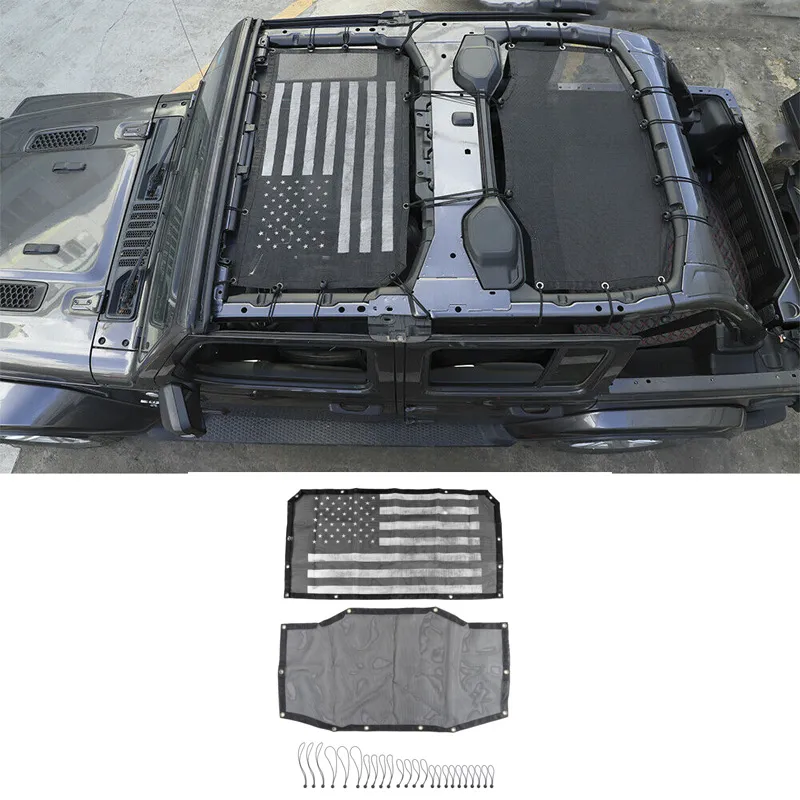 Svart Sun Shade Mesh Sunshade ger UV-solskydd för Jeep Wrangler 2018-2021 JL 4door USA Flagga