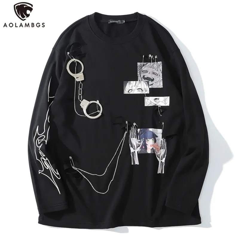 Aolamegs Comics Anime Manga Illustrazione Hook And Loop Fastener Design a catena Felpa sottile Streetwear Uomo High Street Pullover 210818