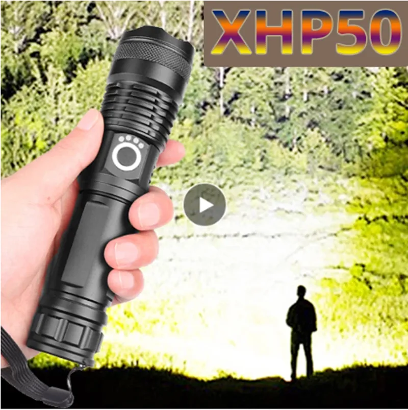 XHP50 가장 강력한 손전등 5 모드 USB 줌 LED 토치 XHP50 18650 또는 26650 배터리 베스트 캠핑, 야외 손전등