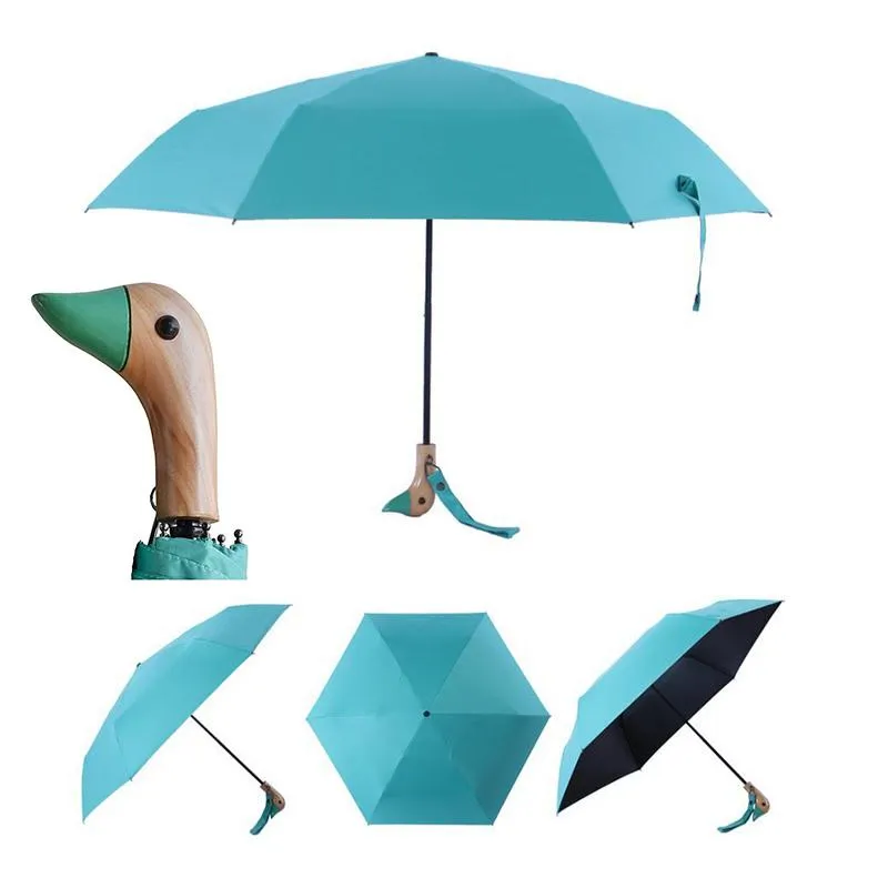 مظلات خشبية بطة رئيس مقبض مظلة الأشعة فوق البنفسجية 50 + الظل المطر أو تألق السفر الحيوان للطي أبدا الرواية المحمولة