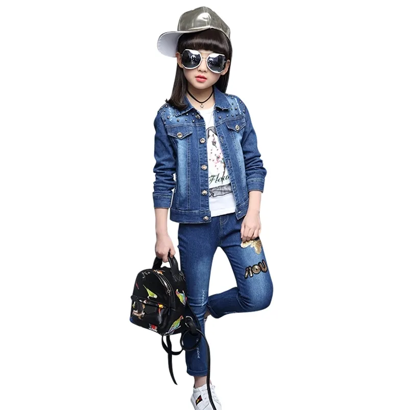 Kinderen Denim Kleding Meisjes Sequin Jas + Jeans Meisje Kant Sets Lente Herfst Trainingspak 6 8 10 12 14 210527