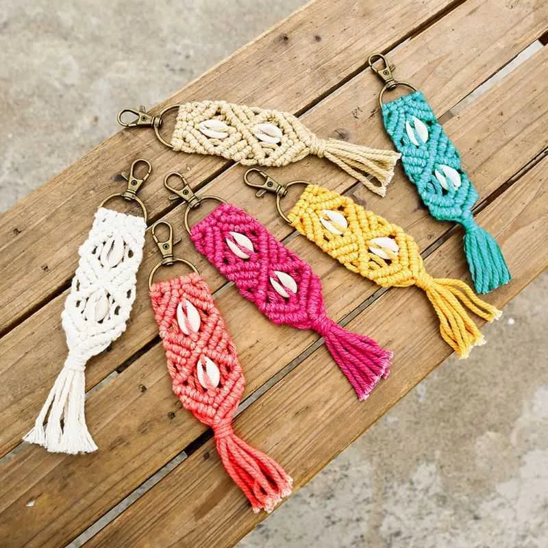 Mini Macrame Keychains Boho Saco Encantos com Borlas Acessório Handcrafted para Chaveiro de Carro, Bolsa, Carteira Telefone G1019